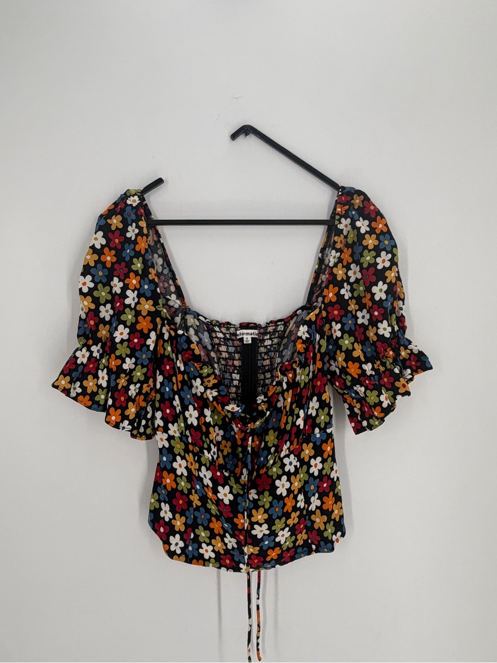 Reformation Nova Daisy Flower Square Neck Puff Sleeve Tie Front Top In Danica